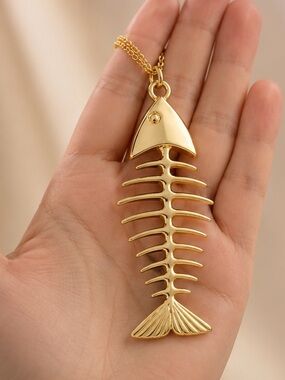 Gold Fish Skeleton Pendant Necklace | Minimalist Fishbone Necklace | Coastal